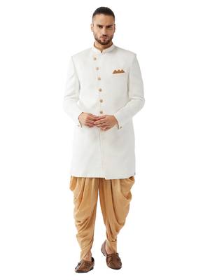 white plain polyester sherwani with golden dhoti 1