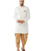 white plain polyester sherwani with golden dhoti