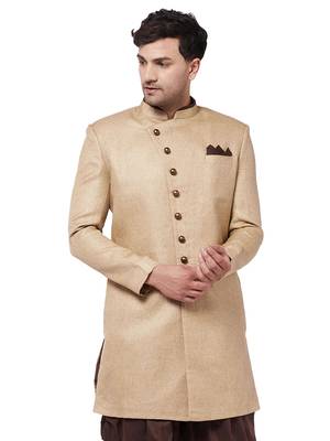 Beige Plain Polyester Men-Kurtas 1