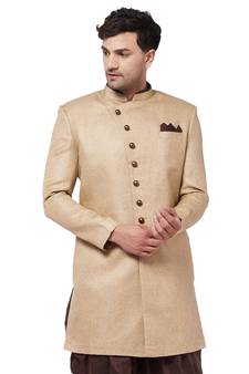 Beige Plain Polyester Men-Kurtas