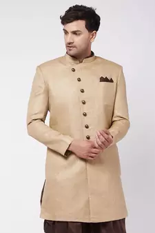 Beige Plain Polyester Men-Kurtas