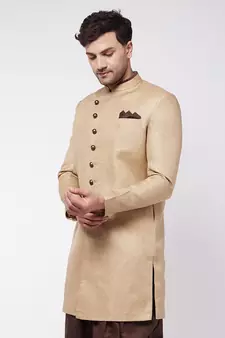 Beige Plain Polyester Men-Kurtas