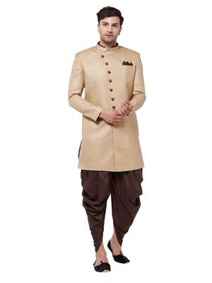 Beige Plain Polyester Sherwani 1