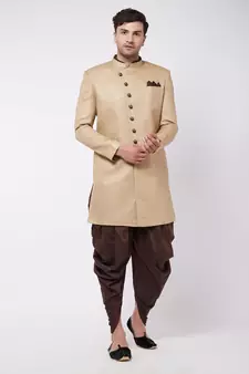 Beige Plain Polyester Sherwani