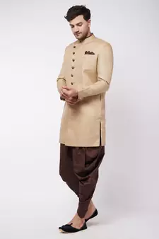 Beige Plain Polyester Sherwani