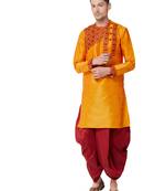 Vastramay Men's Orange And Maroon Silk Blend Kurta And Dhoti Set