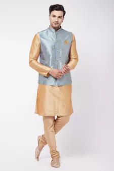Gold Woven Silk Blend Kurta-Pajama