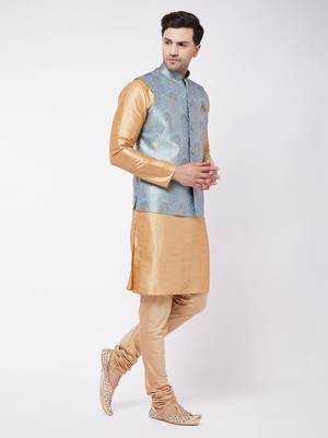 Gold Woven Silk Blend Kurta-Pajama 3