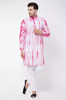 Pink And White Pure Cotton Kurta Pyjama Set