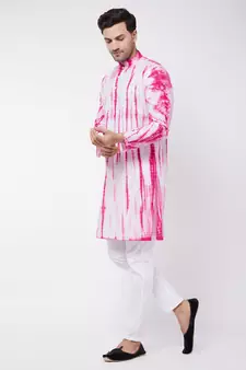 Pink And White Pure Cotton Kurta Pyjama Set