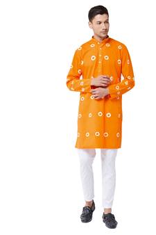 Men'S Orange And White Pure Cotton Kurta Pyjama Set