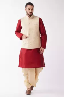 Maroon Woven Silk Blend Dhoti-Kurta