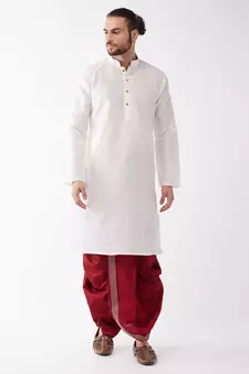 White embroidered silk blend dhoti-kurta