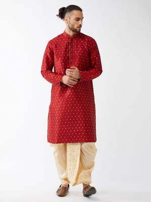 Maroon Woven Silk Blend Dhoti-Kurta 2