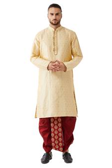 Beige Woven Silk Blend Dhoti-Kurta
