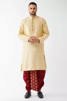 Beige Woven Silk Blend Dhoti-Kurta
