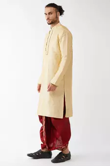 Beige Woven Silk Blend Dhoti-Kurta