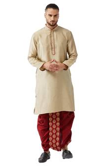 Beige Woven Silk Blend Dhoti-Kurta