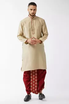 Beige Woven Silk Blend Dhoti-Kurta
