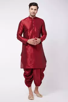 Maroon plain silk blend dhoti-kurta