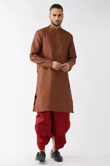 Maroon woven silk blend dhoti-kurta