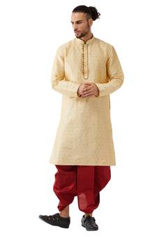 Beige woven silk blend dhoti-kurta