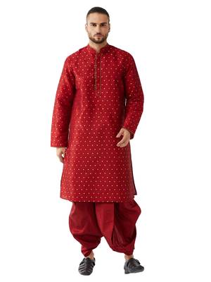 Maroon woven silk blend dhoti-kurta 1