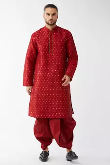 Maroon woven silk blend dhoti-kurta