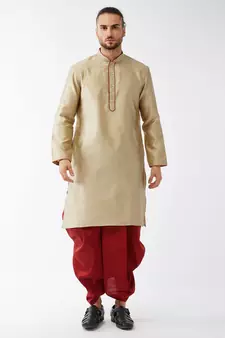 Beige woven silk blend dhoti-kurta