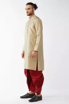 Beige woven silk blend dhoti-kurta