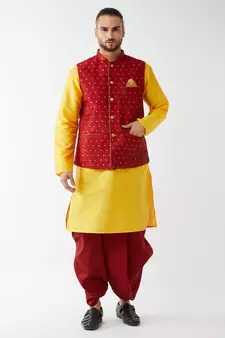 Yellow woven silk blend dhoti-kurta