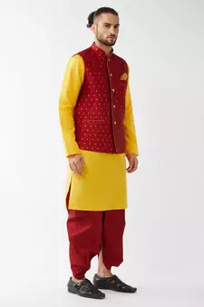Yellow woven silk blend dhoti-kurta