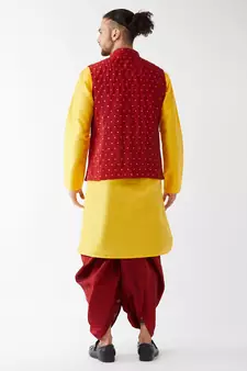 Yellow woven silk blend dhoti-kurta
