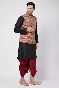 Black woven silk blend dhoti-kurta