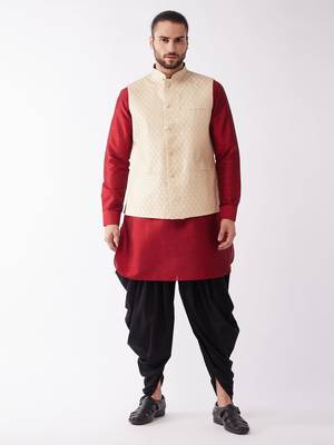 Maroon Woven Silk Blend Dhoti-Kurta 2