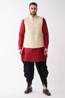 Maroon Woven Silk Blend Dhoti-Kurta