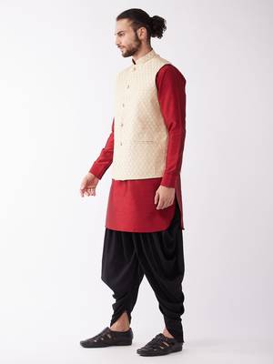 Maroon Woven Silk Blend Dhoti-Kurta 3