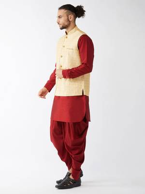 Maroon Woven Silk Blend Dhoti-Kurta 3