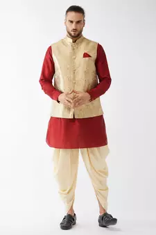 Maroon Woven Silk Blend Dhoti-Kurta
