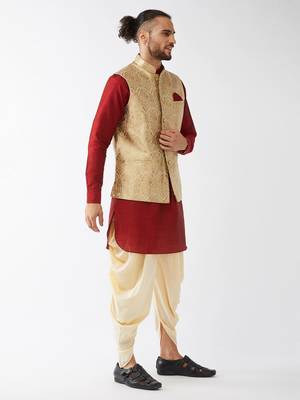 Maroon Woven Silk Blend Dhoti-Kurta 3