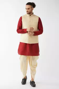Maroon Woven Silk Blend Dhoti-Kurta