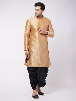 Gold Plain Silk Blend Dhoti-Kurta 2