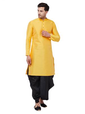 Yellow Plain Silk Blend Dhoti-Kurta 1