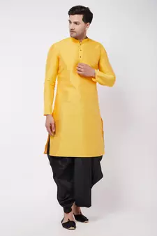 Yellow Plain Silk Blend Dhoti-Kurta