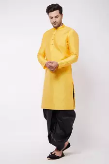 Yellow Plain Silk Blend Dhoti-Kurta
