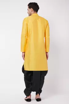 Yellow Plain Silk Blend Dhoti-Kurta