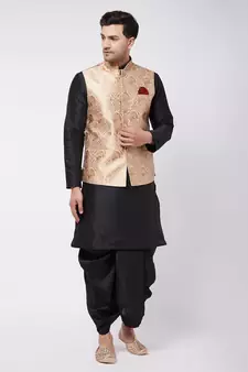 Black Woven Silk Blend Dhoti-Kurta