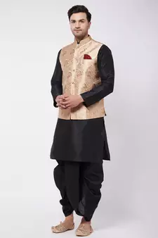 Black Woven Silk Blend Dhoti-Kurta