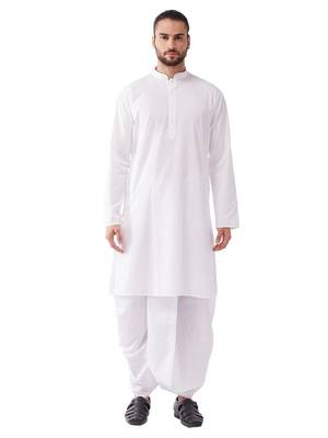 White Cotton Blend Kurta And Dhoti Set 1