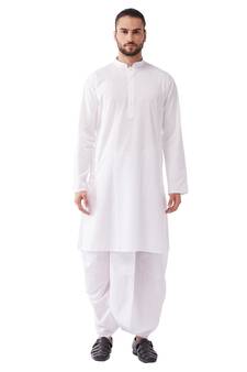 Men'S White Cotton Blend Kurta And Dhoti Set